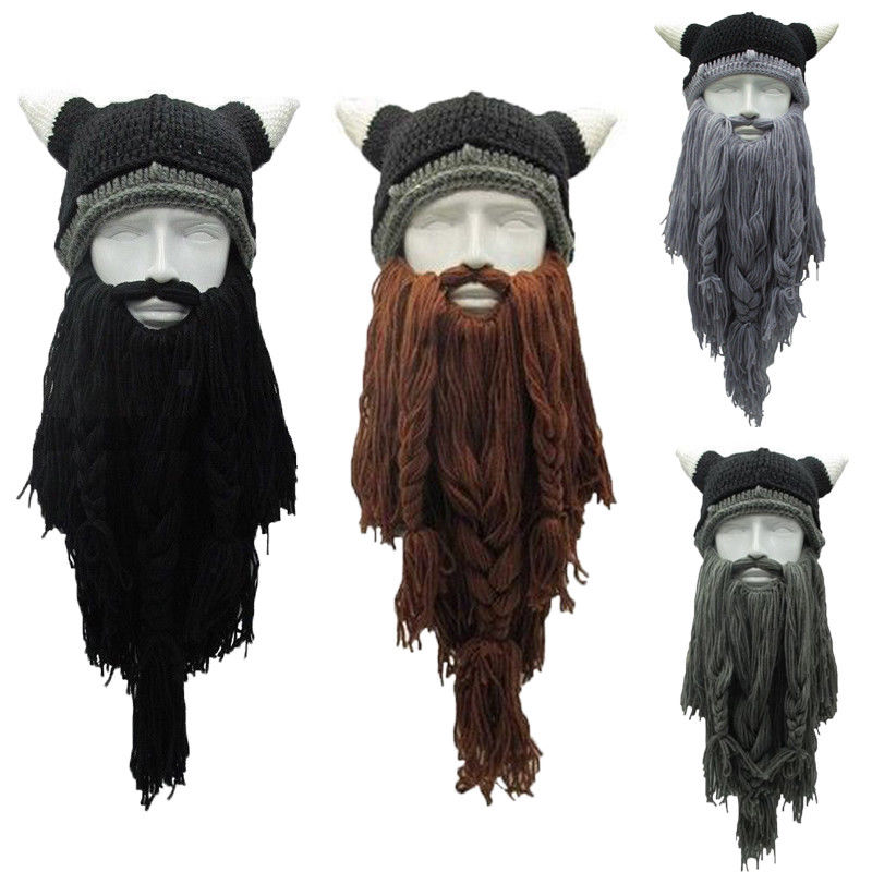 Funny Cosplay Men Knitted Viking Beard Horn Hat Ski Mask