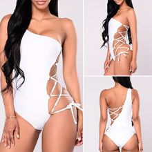 Load image into Gallery viewer, Sexy String monokini Lace up bikini One shoulder white swimsuit one piece swimwear women bodysuit