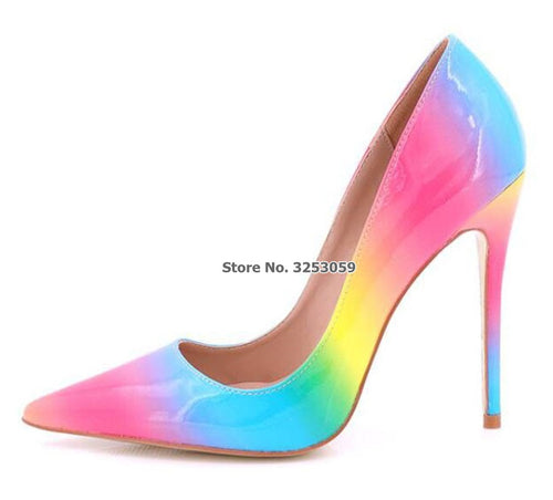 ALMUDENA New Rainbow Gradient Color Pointed Toe Pumps Stiletto Heels 12 cm Patent Leather Shoes