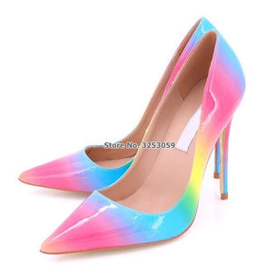 ALMUDENA New Rainbow Gradient Color Pointed Toe Pumps Stiletto Heels 12 cm Patent Leather Shoes