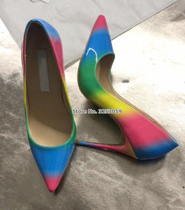 ALMUDENA New Rainbow Gradient Color Pointed Toe Pumps Stiletto Heels 12 cm Patent Leather Shoes