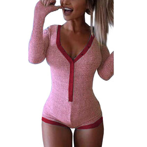 Bodysuit Women 2019 New Sexy Body Lady V Neck Long Sleeve Bodycon Jumpsuit Buttons Casual Pink Patchwork Knit Cotton Bodysuits