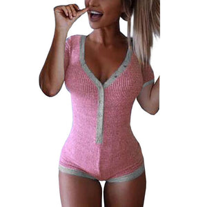 Bodysuit Women 2019 New Sexy Body Lady V Neck Long Sleeve Bodycon Jumpsuit Buttons Casual Pink Patchwork Knit Cotton Bodysuits