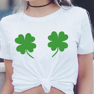 Wild White Style Women T-shirt Green four-leaf Clover Saint Patrick Print Short Sleeved T Shirt New Top Hot Sale 3XL