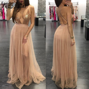 Sleeveless Women Deep V Neck Dress High Waist Pleated Mesh Clothes Women Long Dress Party Ball Gown