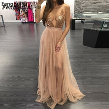 Load image into Gallery viewer, Sleeveless Women Deep V Neck Dress High Waist Pleated Mesh Clothes Women Long Dress Party Ball Gown