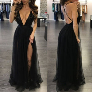 Sleeveless Women Deep V Neck Dress High Waist Pleated Mesh Clothes Women Long Dress Party Ball Gown