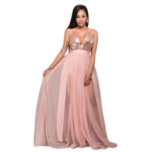 Load image into Gallery viewer, Sleeveless Women Deep V Neck Dress High Waist Pleated Mesh Clothes Women Long Dress Party Ball Gown